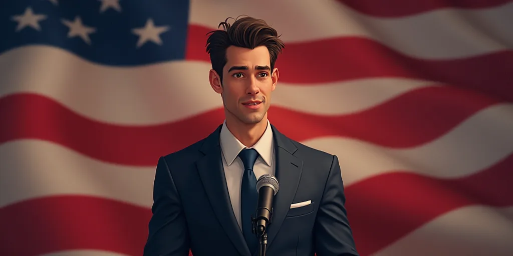 a man in a suit and tie standing in front of a flag and a microphone with a microphone in front of h