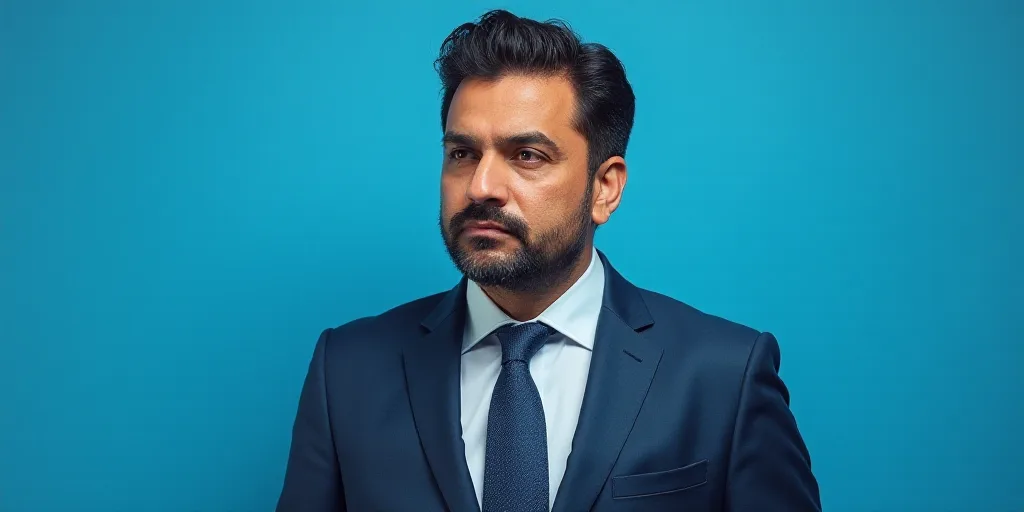 a man in a suit and tie standing in front of a blue background with a caption that reads, louis migu
