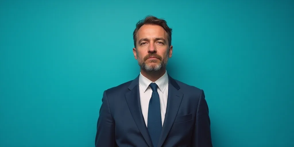 a man in a suit and tie standing in front of a blue background with a caption that reads demeterio s