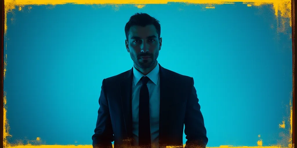 a man in a suit and tie standing in front of a blue background with a black and yellow border, Eduar