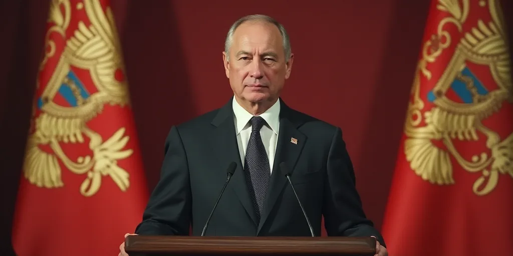 a man in a suit and tie standing at a podium with a flag behind him and a flag behind him, Boris Vla
