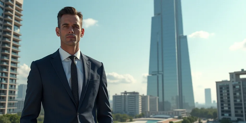 a man in a suit and tie standing in front of a building with a tower in the background and a photo o