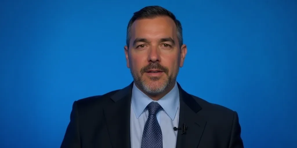 a man in a suit and tie standing in front of a blue background with a caption that reads miguel gonz