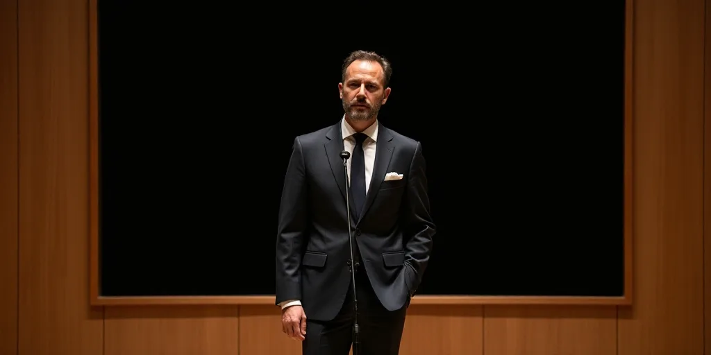 a man in a suit and tie standing in front of a microphone in a room with wooden walls and a black sc