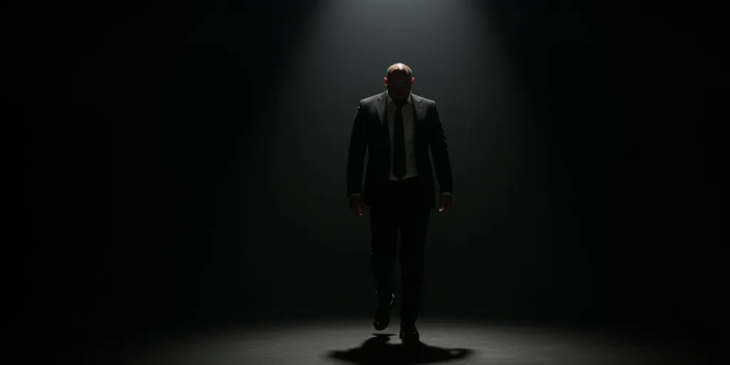 a man in a suit and tie walking in a dark room with a spotlight on his face and a black background,