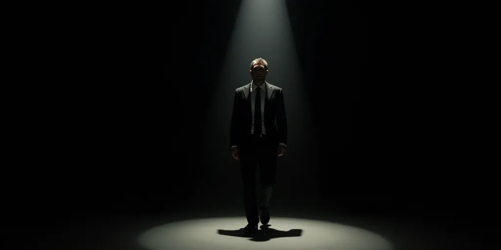 a man in a suit and tie walking in a dark room with a spotlight on his face and a black background,