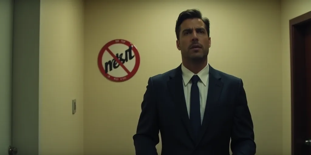 a man in a suit and tie walking in a room with a no alot sign on the wall, Arturo Rivera, in focus,