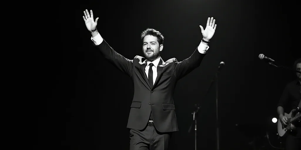 a man in a suit and tie walking on stage with his hands in the air and a microphone in the backgroun