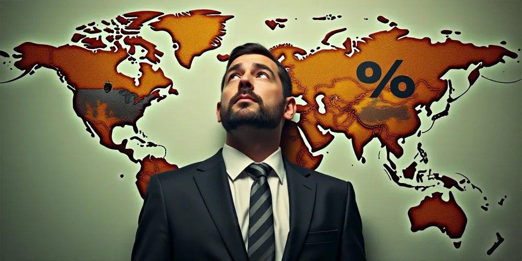 a man in a suit and tie with a percentage sign over a map of the world with money around him, Andrie