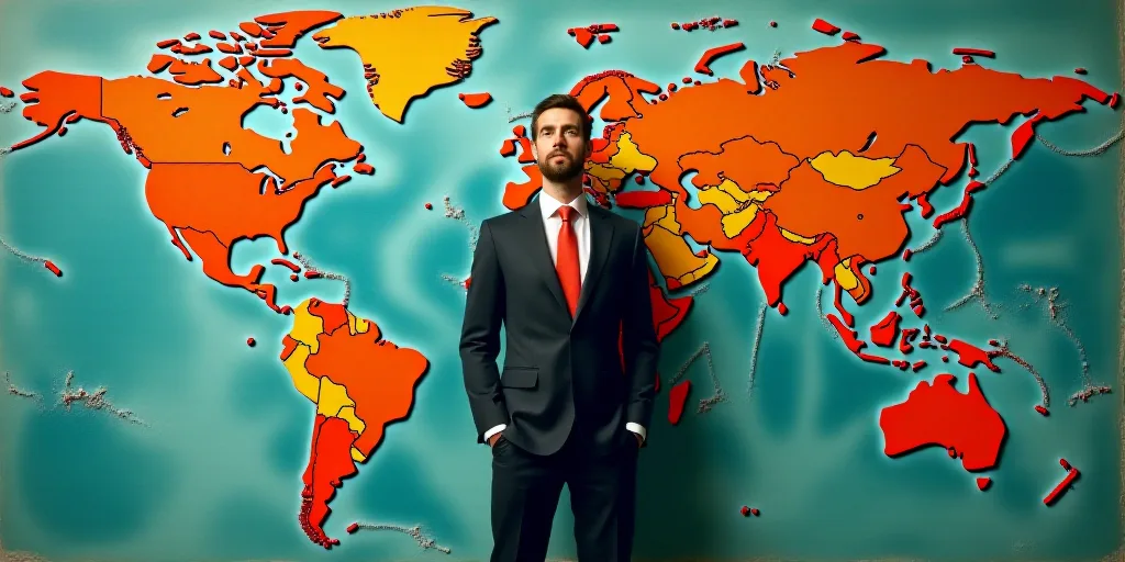 a man in a suit and tie with a percentage sign over a map of the world with money around him, Andrie