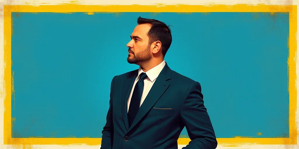 a man in a suit and tie with a blue background and a yellow border around him is a business card wit