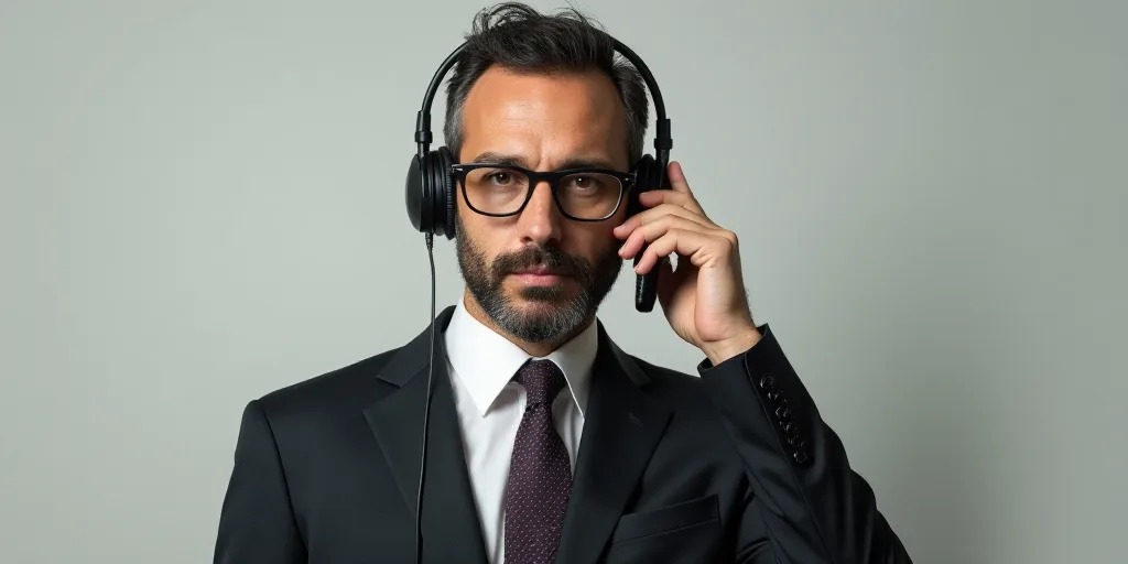 a man in a suit and tie with a headset on his ear and a cell phone to his ear, Federico Uribe, head