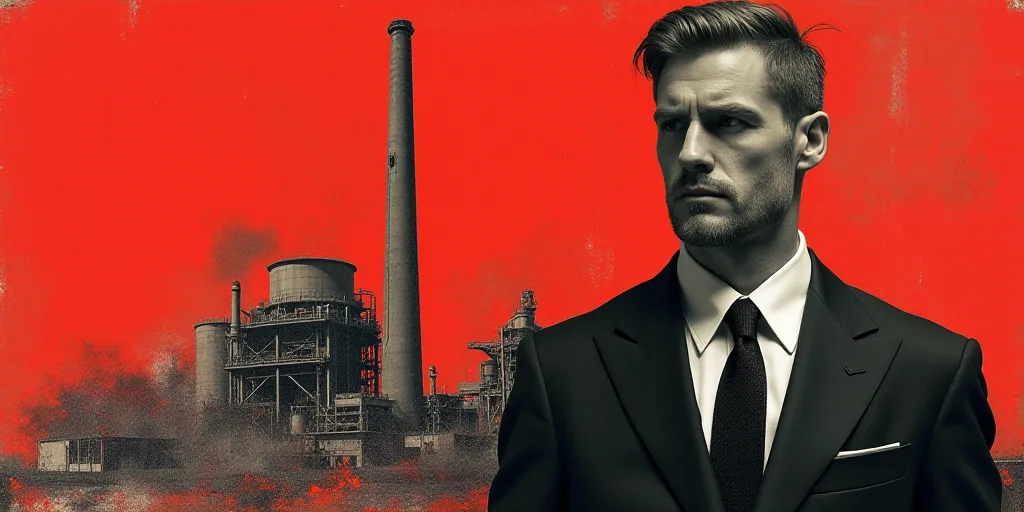 a man in a suit and tie with a red background and a collage of images of a factory, Andries Stock, h