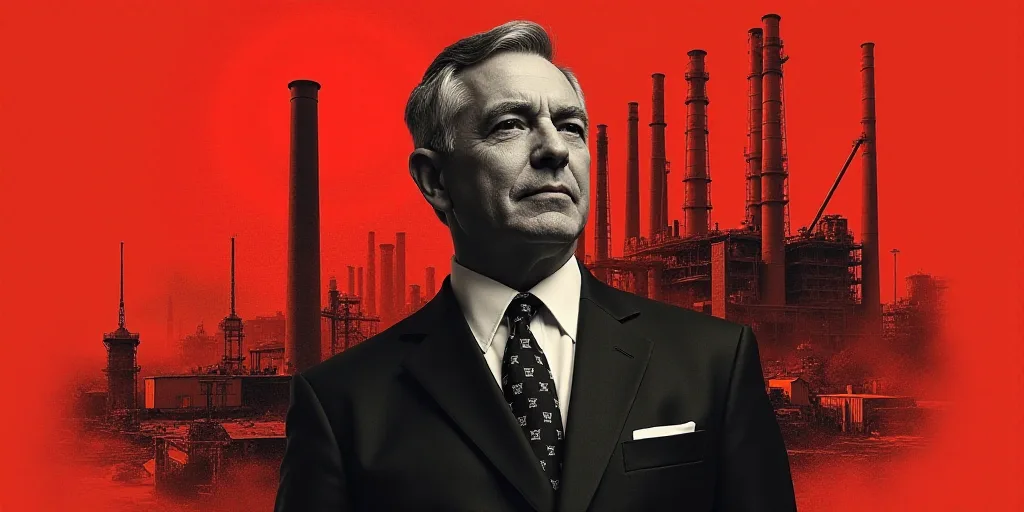 a man in a suit and tie with a red background and a collage of images of a factory, Andries Stock, h