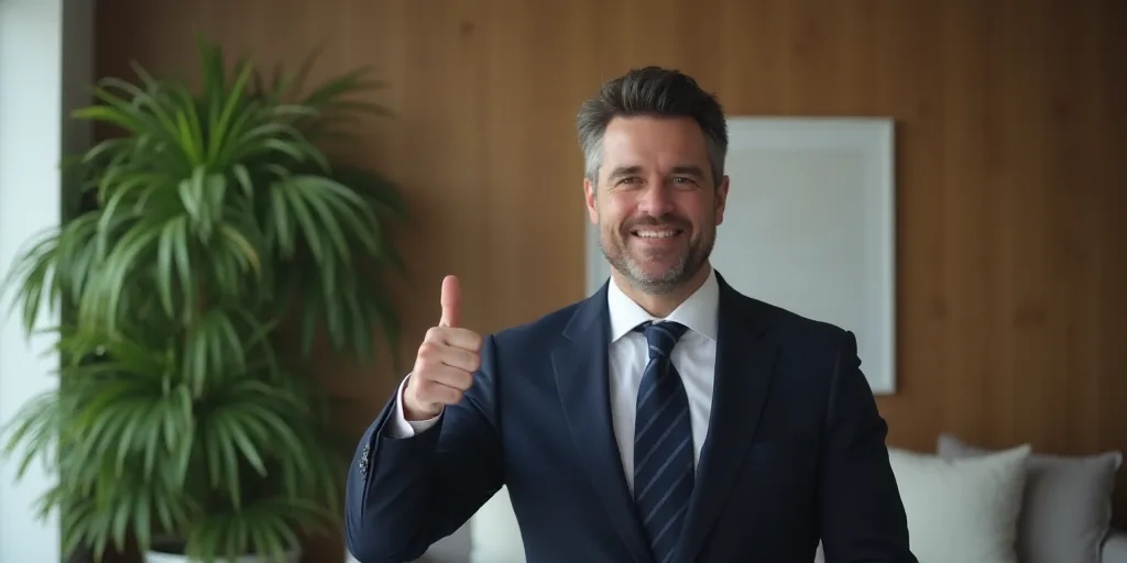 a man in a suit giving a thumbs up sign in a room with a potted plant in the background, Donald Roll