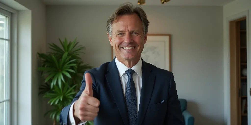 a man in a suit giving a thumbs up sign in a room with a potted plant in the background, Donald Roll