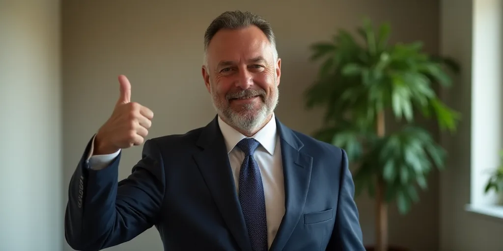 a man in a suit giving a thumbs up sign in a room with a potted plant in the background, Donald Roll