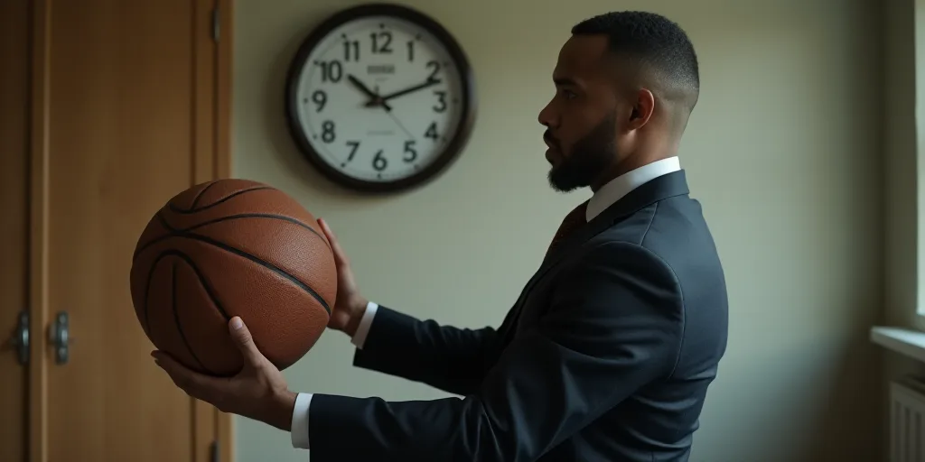 a man in a suit holding a basketball in his hand and a clock on the wall behind him in a room, ESAO,