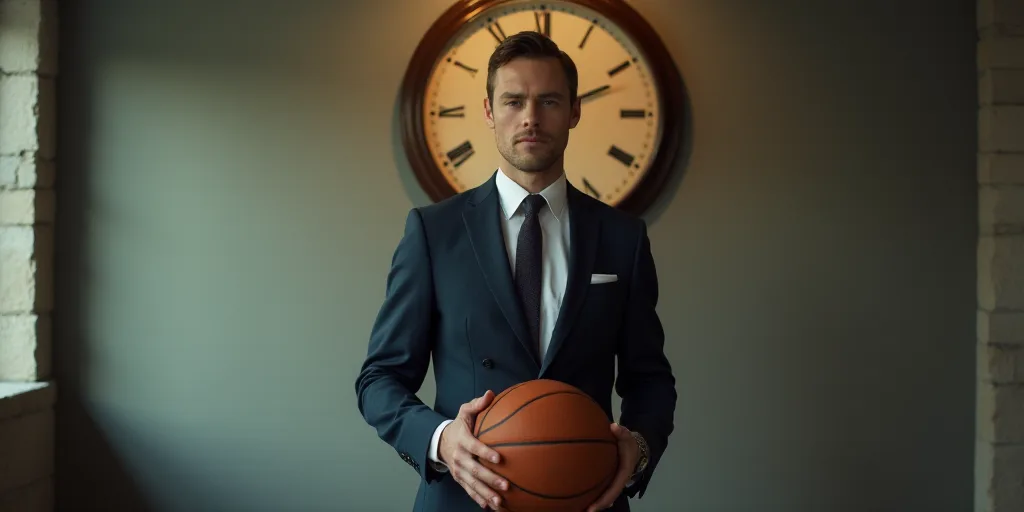a man in a suit holding a basketball in his hand and a clock on the wall behind him in a room, ESAO,