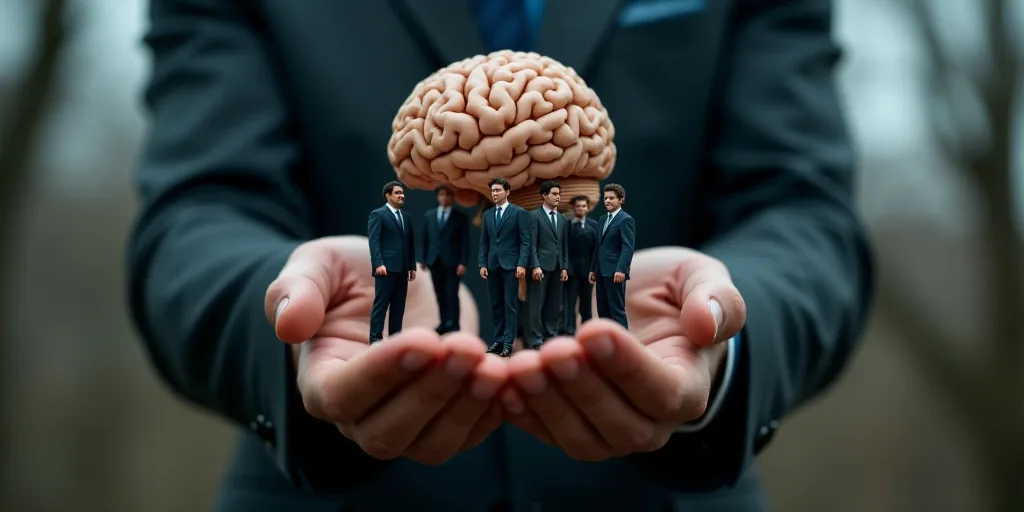 a man in a suit holding a small group of people in front of a brain model in his hands, Andries Stoc