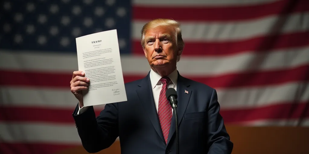 a man in a suit holding up a document in front of a microphone and american flag in the background,