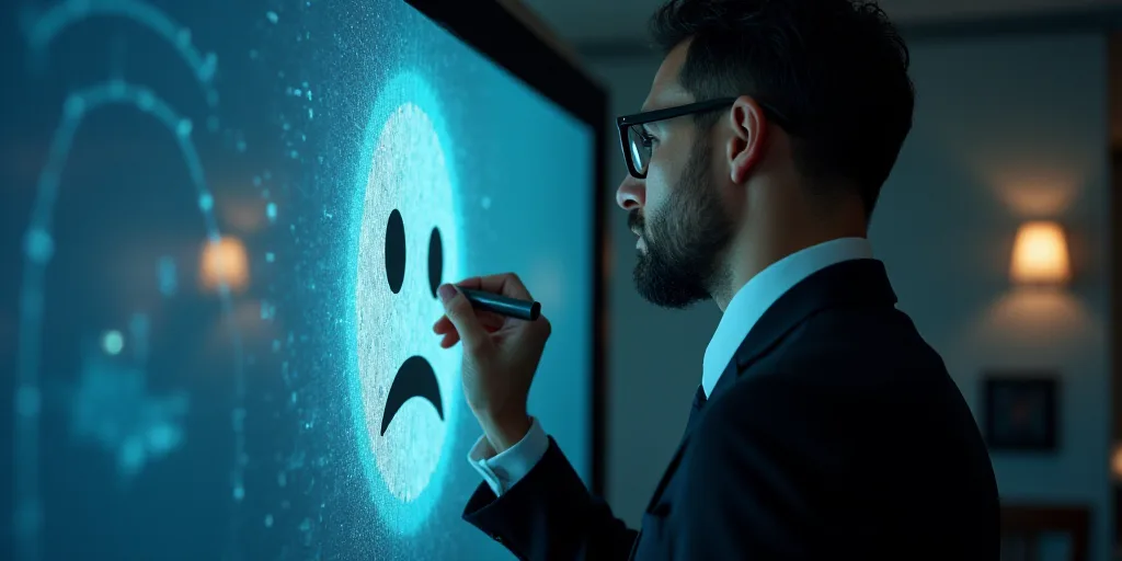 a man in a suit is drawing a sad face on a screen with a marker and a marker pen, Évariste Vital Lu
