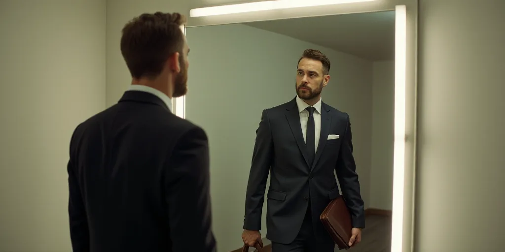 a man in a suit is looking at a picture of himself in a mirror with a briefcase in his hand, Eric Ze