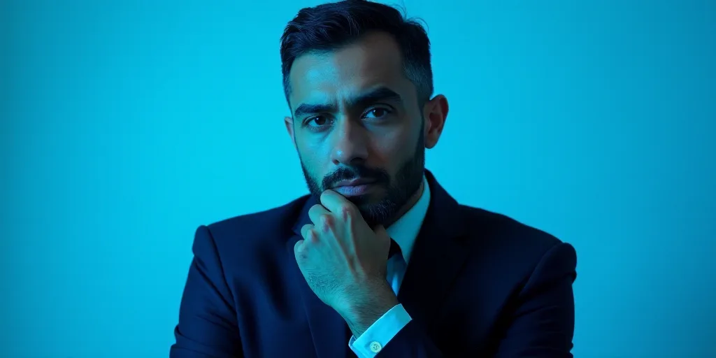 a man in a suit is posing for a picture with his chin resting on his hand, with a blue background, A