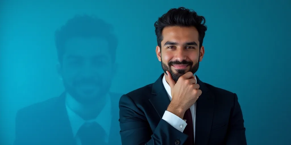 a man in a suit is posing for a picture with his chin resting on his hand, with a blue background, A
