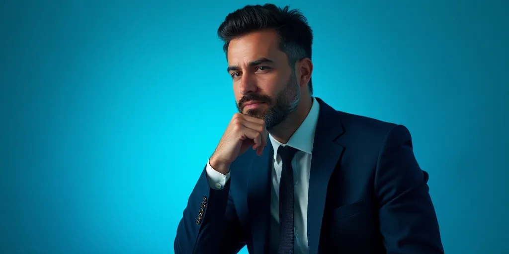 a man in a suit is posing for a picture with his chin resting on his hand, with a blue background, A