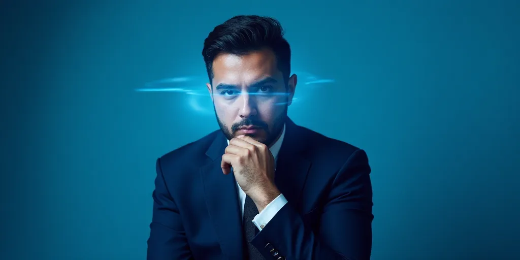 a man in a suit is posing for a picture with his chin resting on his hand, with a blue background, A