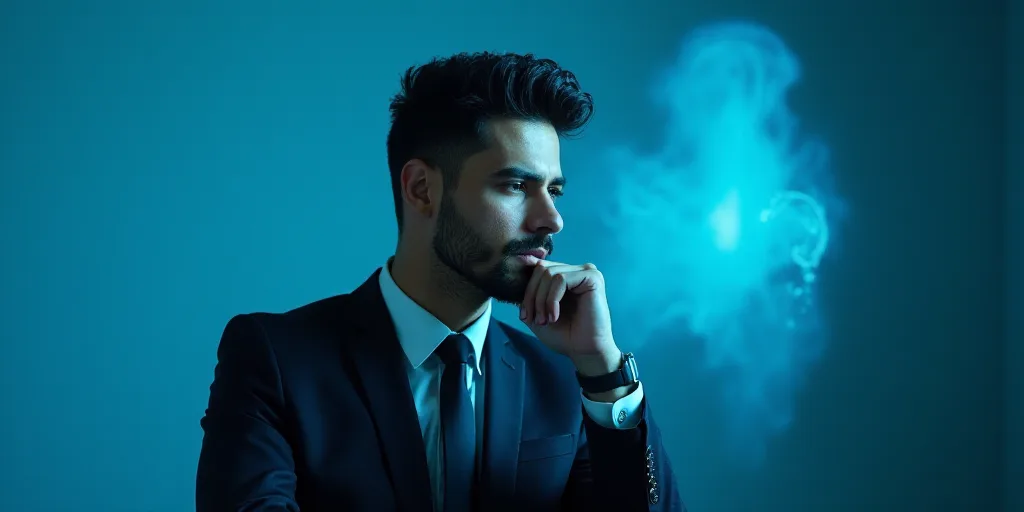 a man in a suit is posing for a picture with his chin resting on his hand, with a blue background, A