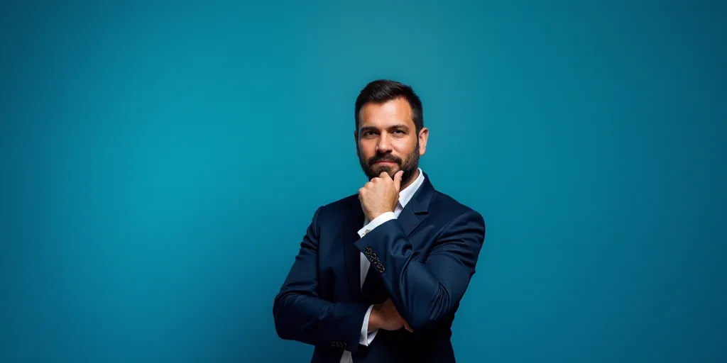a man in a suit is posing for a picture with his chin resting on his hand, with a blue background, A