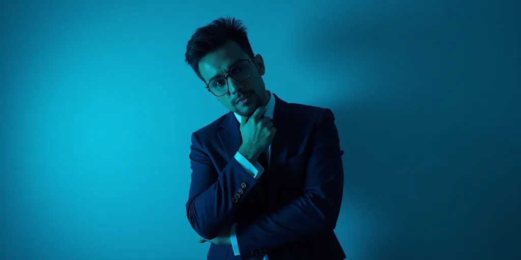 a man in a suit is posing for a picture with his chin resting on his hand, with a blue background, A
