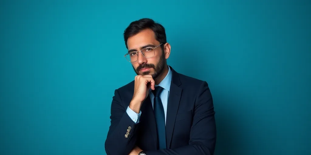 a man in a suit is posing for a picture with his chin resting on his hand, with a blue background, A