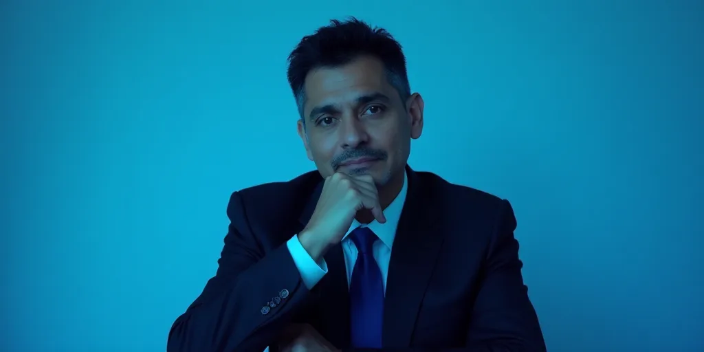 a man in a suit is posing for a picture with his chin resting on his hand, with a blue background, A