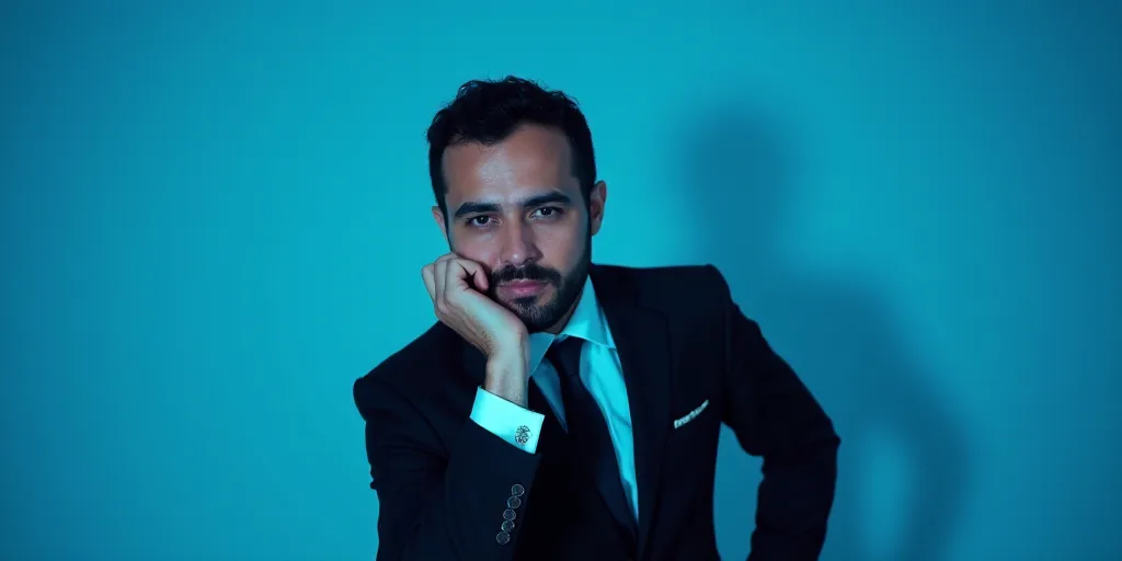 a man in a suit is posing for a picture with his chin resting on his hand, with a blue background, A