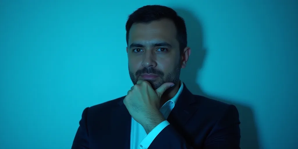 a man in a suit is posing for a picture with his chin resting on his hand, with a blue background, A