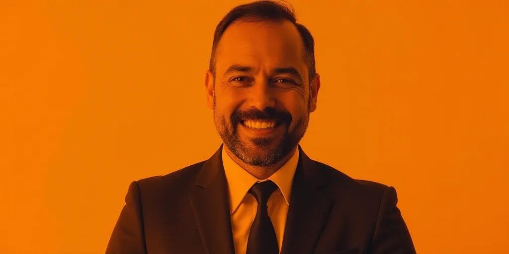 a man in a suit is smiling for the camera with an orange background and a black and white photo, Car