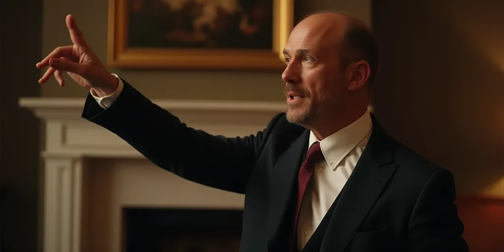 a man in a suit pointing at something with his finger in the air and a fireplace in the background,