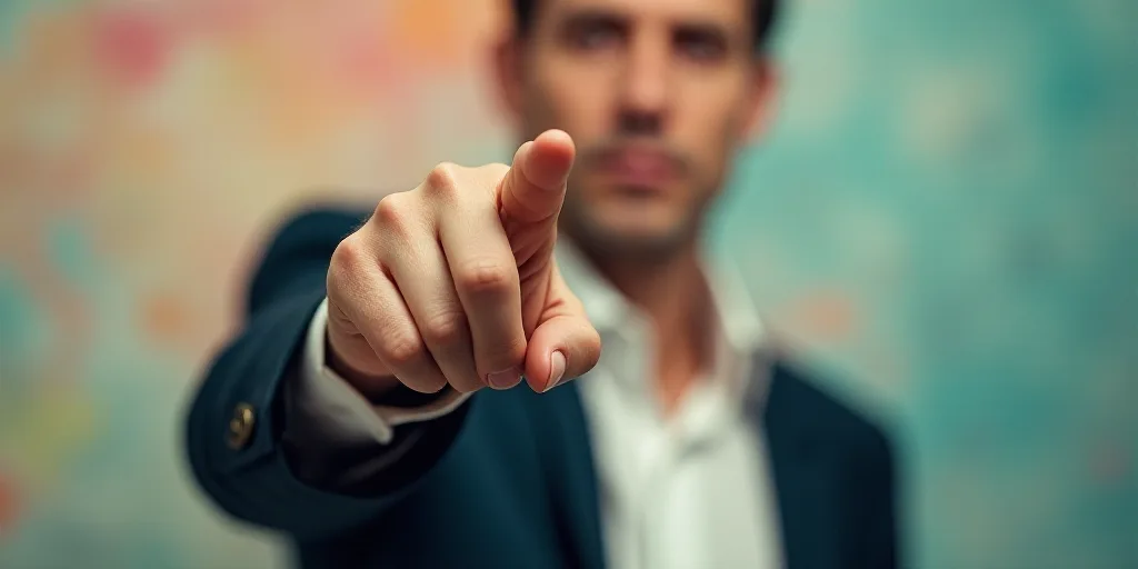 a man in a suit pointing at something with his finger in the air and a blurry background of the imag