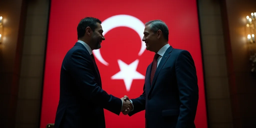 a man in a suit shaking hands with a man in a suit and tie in front of a flag, Fikret Muallâ Saygı