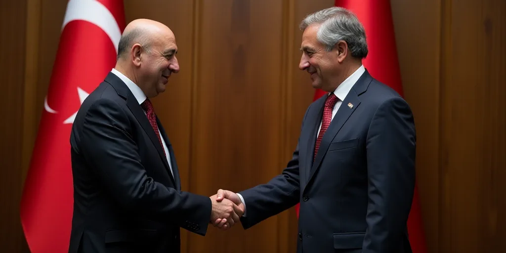 a man in a suit shaking hands with a man in a suit and tie in front of a flag, Fikret Muallâ Saygı