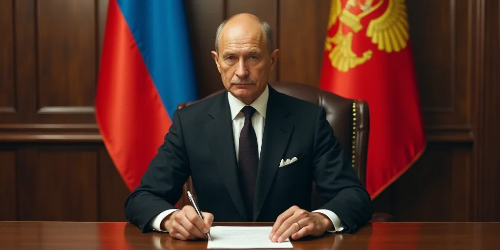 a man in a suit sitting at a table with a pen in his hand and a russian flag in the background, Bori