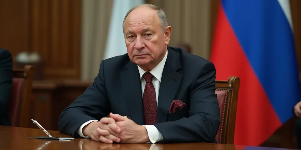 a man in a suit sitting at a table with a pen in his hand and a russian flag in the background, Bori