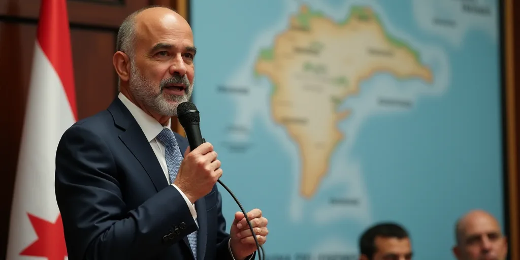 a man in a suit speaking into a microphone while standing next to a wall with a map on it, Edi Rama,