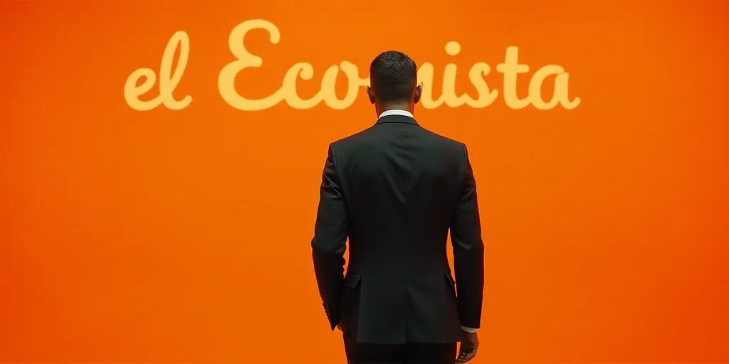 a man in a suit standing in front of an orange background with the words el econista on it, Carlos F
