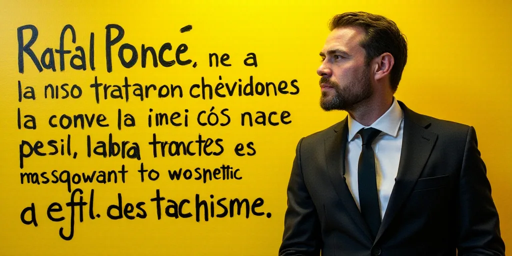 a man in a suit standing next to a yellow and black background with words that read rafal ponce, Cef