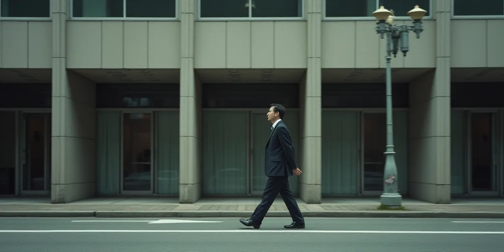a man in a suit walking down a street past a tall building with a street light on it's side, Chizuko