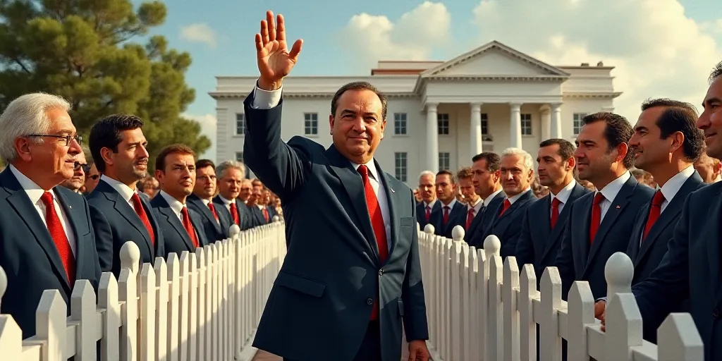 a man in a suit waves to the crowd outside a building with a white fence and a white fence, Arthur S